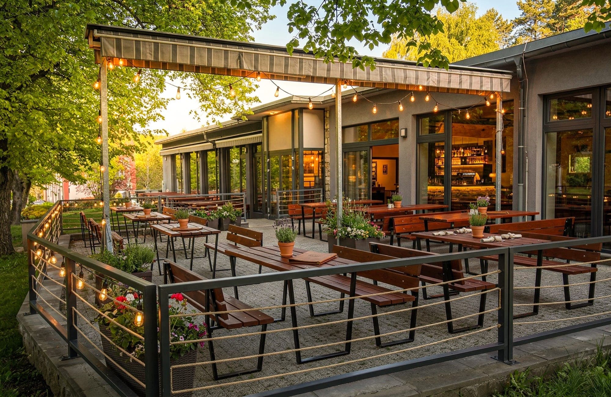 Letní terasa — závěsy a lampa